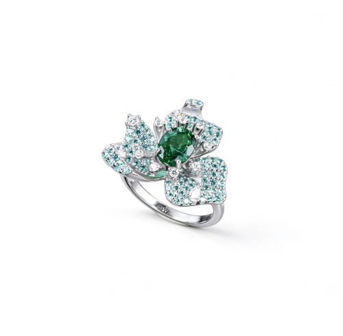 925 Sterling Silver Lab-Created Emerald Floral Cluster Ring | Pavé Accent Statement Jewelry