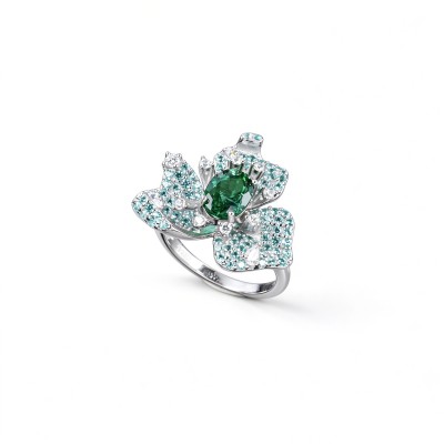925 Sterling Silver Lab-Created Emerald Floral Cluster Ring | Pavé Accent Statement Jewelry