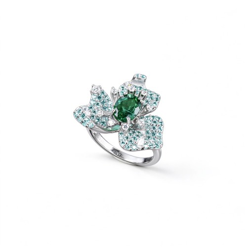925 Sterling Silver Lab-Created Emerald Floral Cluster Ring | Pavé Accent Statement Jewelry