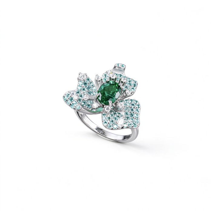 925 Sterling Silver Lab-Created Emerald Floral Cluster Ring | Pavé Accent Statement Jewelry
