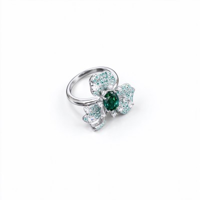 925 Sterling Silver Lab-Created Emerald Floral Cluster Ring | Pavé Accent Statement Jewelry