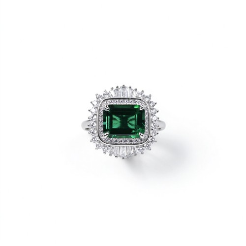 925 Sterling Silver Octagon-Cut Lab-Created Emerald Ring | Halo Setting | Vintage Statement Jewelry