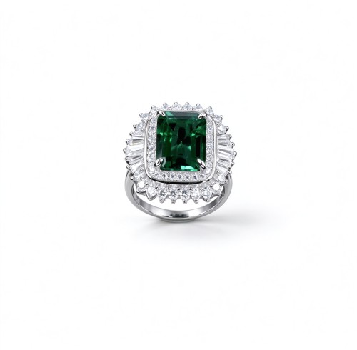 925 Sterling Silver Octagon-Cut Lab-Created Emerald Ring | Halo Setting | Vintage Statement Jewelry