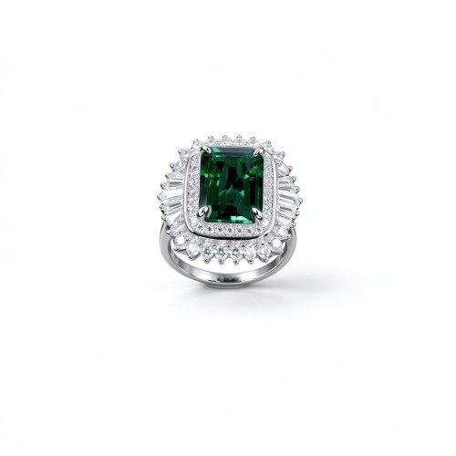 925 Sterling Silver Octagon-Cut Lab-Created Emerald Ring | Halo Setting | Vintage Statement Jewelry