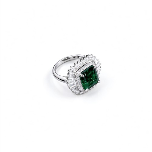 925 Sterling Silver Octagon-Cut Lab-Created Emerald Ring | Halo Setting | Vintage Statement Jewelry