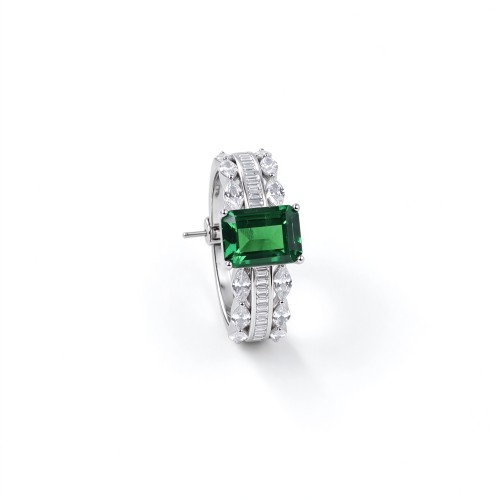 925 Sterling Silver Octagon-Cut Lab-Created Emerald Ring | Pavé Accent Band