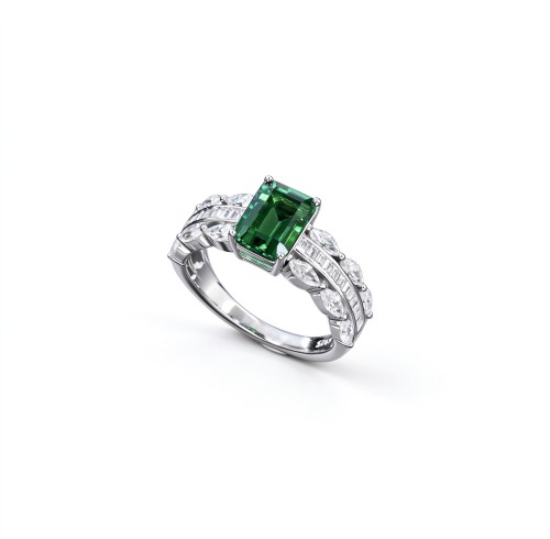 925 Sterling Silver Octagon-Cut Lab-Created Emerald Ring | Pavé Accent Band