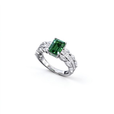 925 Sterling Silver Octagon-Cut Lab-Created Emerald Ring | Pavé Accent Band