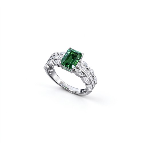 925 Sterling Silver Octagon-Cut Lab-Created Emerald Ring | Pavé Accent Band