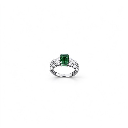925 Sterling Silver Octagon-Cut Lab-Created Emerald Ring | Pavé Accent Band