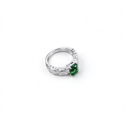 925 Sterling Silver Octagon-Cut Lab-Created Emerald Ring | Pavé Accent Band