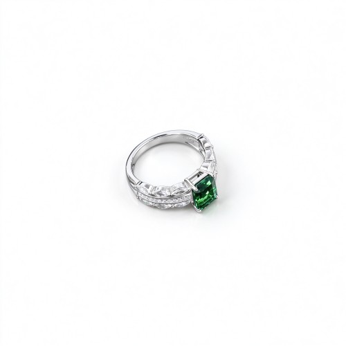 925 Sterling Silver Octagon-Cut Lab-Created Emerald Ring | Pavé Accent Band