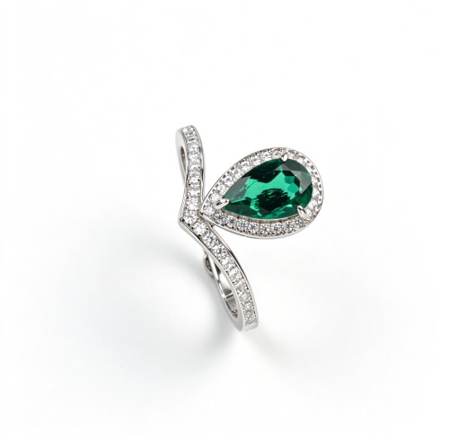925 Sterling Silver Lab-Created Emerald Ring | Pear-Cut Green Gemstone | Elegant Fine Jewelry