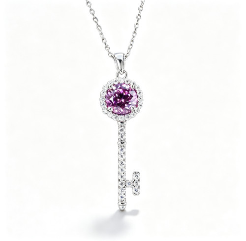 925 Sterling Silver Lab-Created Pink Sapphire Key Necklace | Round Brilliant-Cut Center | Pavé Halo
