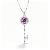 925 Sterling Silver Lab-Created Pink Sapphire Key Necklace | Round Brilliant-Cut Center | Pavé Halo
