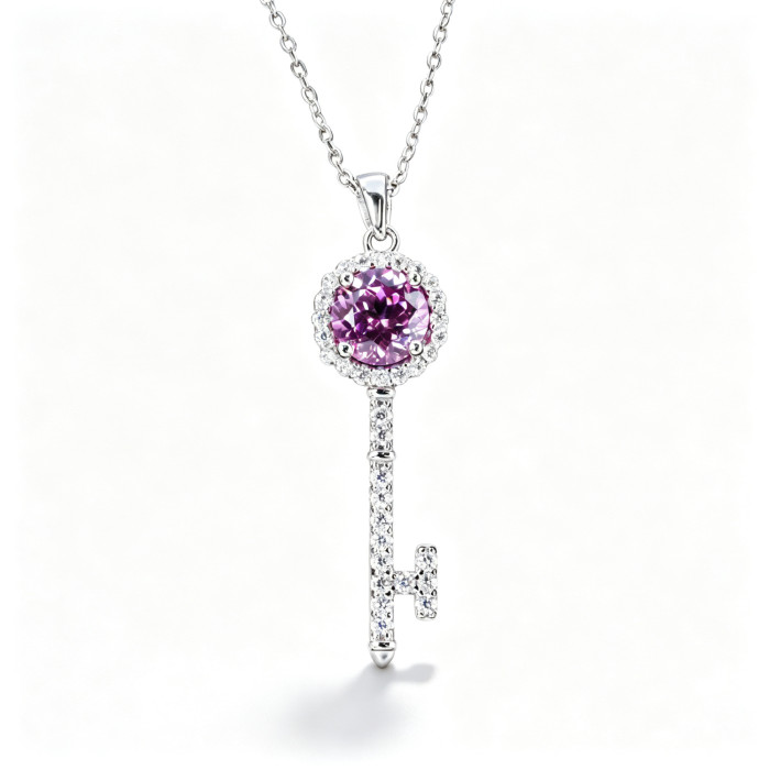 925 Sterling Silver Lab-Created Pink Sapphire Key Necklace | Round Brilliant-Cut Center | Pavé Halo