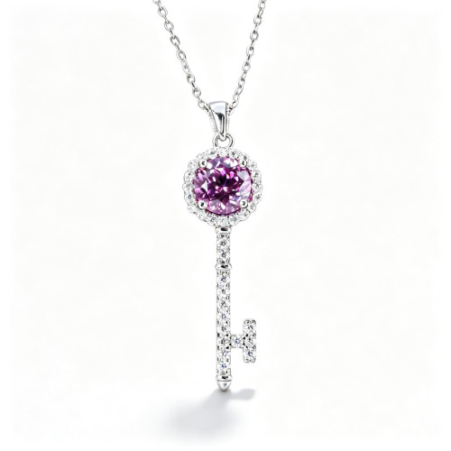 925 Sterling Silver Lab-Created Pink Sapphire Key Necklace | Round Brilliant-Cut Center | Pavé Halo