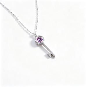 925 Sterling Silver Lab-Created Pink Sapphire Key Necklace | Round Brilliant-Cut Center | Pavé Halo