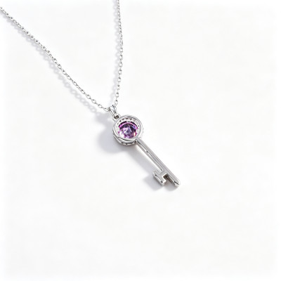 925 Sterling Silver Lab-Created Pink Sapphire Key Necklace | Round Brilliant-Cut Center | Pavé Halo