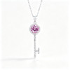 925 Sterling Silver Lab-Created Pink Sapphire Key Necklace | Round Brilliant-Cut Center | Pavé Halo