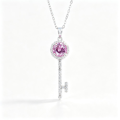 925 Sterling Silver Lab-Created Pink Sapphire Key Necklace | Round Brilliant-Cut Center | Pavé Halo