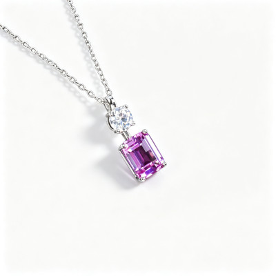 925 Sterling Silver Lab-Created Pink Sapphire Necklace | Emerald-Cut Pendant