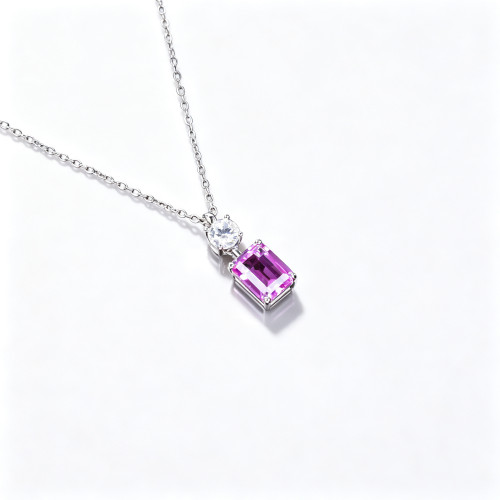 925 Sterling Silver Lab-Created Pink Sapphire Necklace | Emerald-Cut Pendant