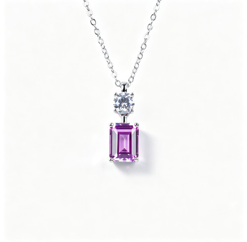 925 Sterling Silver Lab-Created Pink Sapphire Necklace | Emerald-Cut Pendant