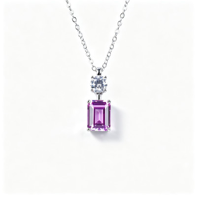 925 Sterling Silver Lab-Created Pink Sapphire Necklace | Emerald-Cut Pendant