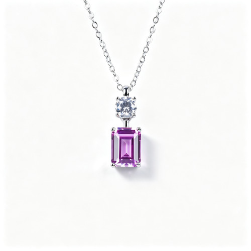 925 Sterling Silver Lab-Created Pink Sapphire Necklace | Emerald-Cut Pendant