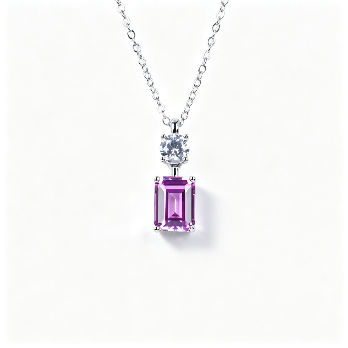 925 Sterling Silver Lab-Created Pink Sapphire Necklace | Emerald-Cut Pendant