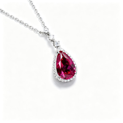 925 Sterling Silver Lab-Created Ruby Necklace | Pear-Cut Red Gemstone | Elegant Fine Jewelry