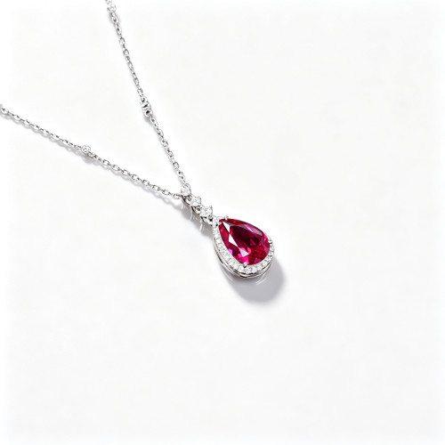 925 Sterling Silver Lab-Created Ruby Necklace | Pear-Cut Red Gemstone | Elegant Fine Jewelry