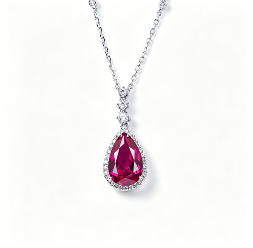 925 Sterling Silver Lab-Created Ruby Necklace | Pear-Cut Red Gemstone | Elegant Fine Jewelry