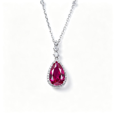 925 Sterling Silver Lab-Created Ruby Necklace | Pear-Cut Red Gemstone | Elegant Fine Jewelry