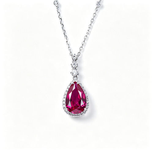 925 Sterling Silver Lab-Created Ruby Necklace | Pear-Cut Red Gemstone | Elegant Fine Jewelry