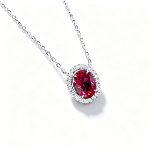 925 Sterling Silver Lab-Created Ruby Necklace | Oval-Cut Halo Pendant with Chain Accent