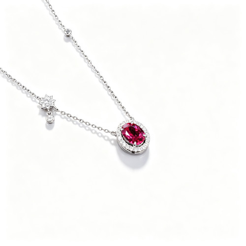 925 Sterling Silver Lab-Created Ruby Necklace | Oval-Cut Halo Pendant with Chain Accent