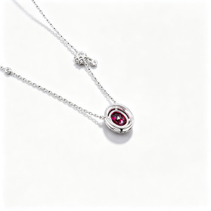 925 Sterling Silver Lab-Created Ruby Necklace | Oval-Cut Halo Pendant with Chain Accent