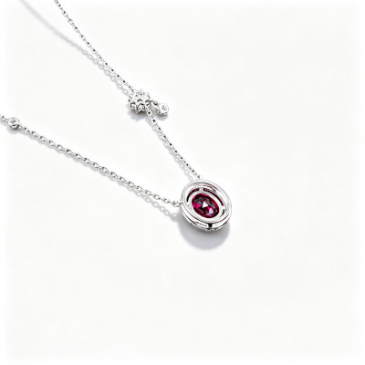 925 Sterling Silver Lab-Created Ruby Necklace | Oval-Cut Halo Pendant with Chain Accent