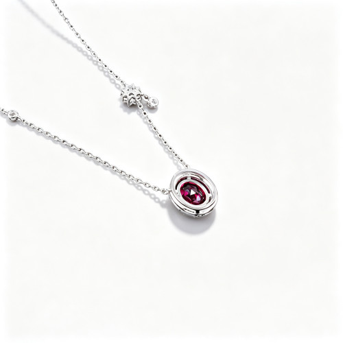 925 Sterling Silver Lab-Created Ruby Necklace | Oval-Cut Halo Pendant with Chain Accent