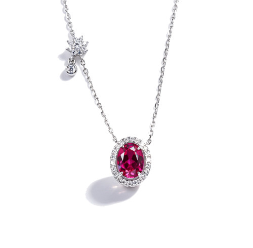 925 Sterling Silver Lab-Created Ruby Necklace | Oval-Cut Halo Pendant with Chain Accent