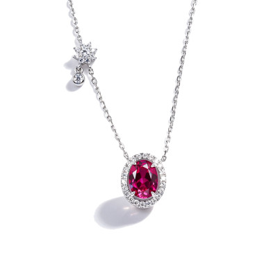 925 Sterling Silver Lab-Created Ruby Necklace | Oval-Cut Halo Pendant with Chain Accent