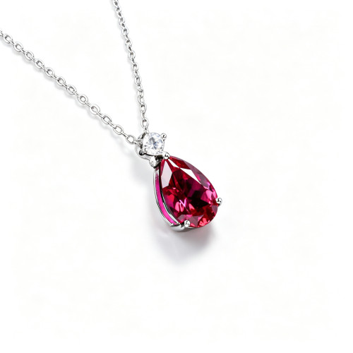925 Sterling Silver Lab-Created Ruby Necklace | Oval-Cut Halo Pendant with Chain Accent