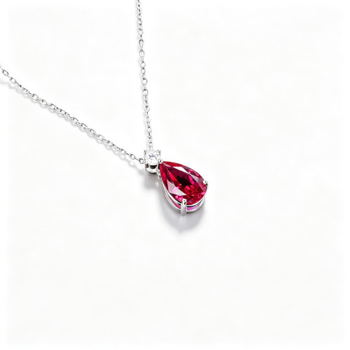925 Sterling Silver Lab-Created Ruby Necklace | Oval-Cut Halo Pendant with Chain Accent