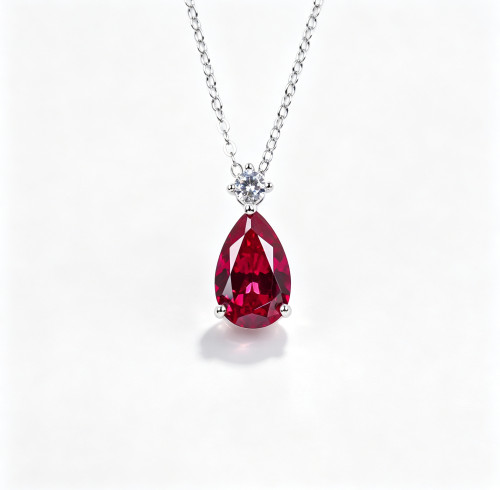 925 Sterling Silver Lab-Created Ruby Necklace | Oval-Cut Halo Pendant with Chain Accent