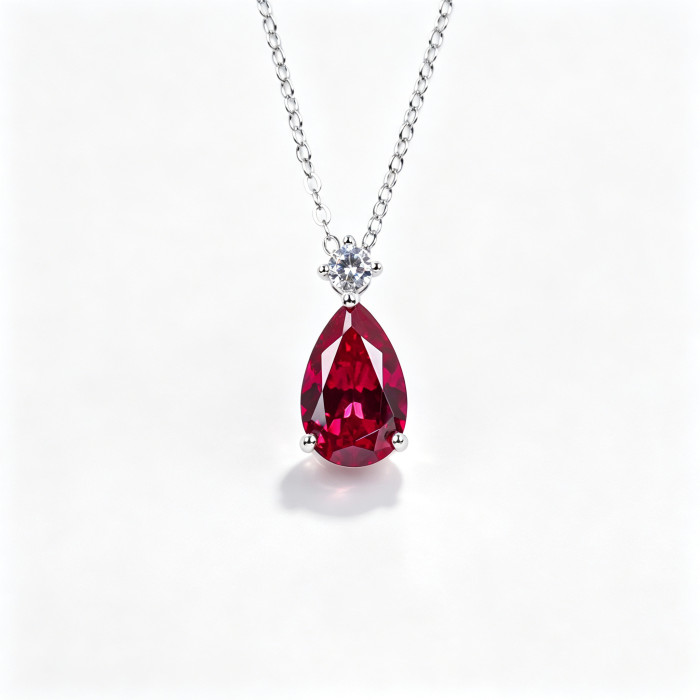 925 Sterling Silver Lab-Created Ruby Necklace | Oval-Cut Halo Pendant with Chain Accent