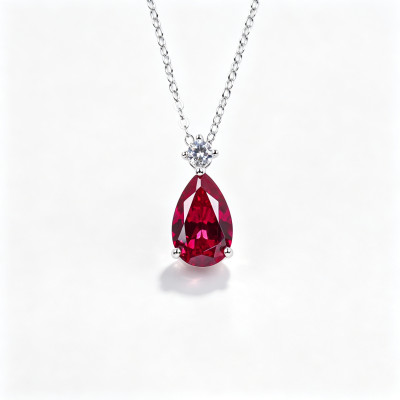 925 Sterling Silver Lab-Created Ruby Necklace | Oval-Cut Halo Pendant with Chain Accent