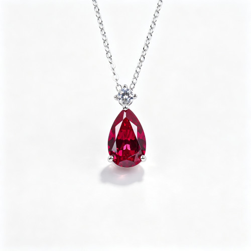 925 Sterling Silver Lab-Created Ruby Necklace | Oval-Cut Halo Pendant with Chain Accent