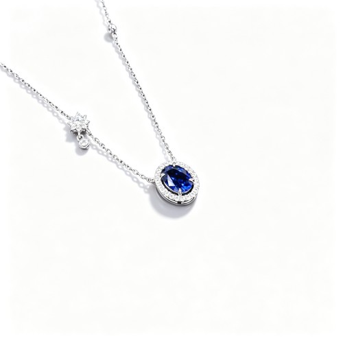 925 Sterling Silver Lab-Created Blue Sapphire Necklace | Oval-Cut Halo Pendant with Chain Accent